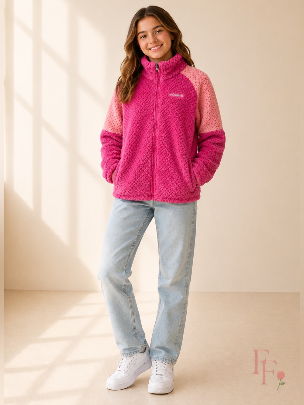 Columbia Girls Pink Sherpa Fleece Jacket Size Large 14/16 Quarter Zip Pullover